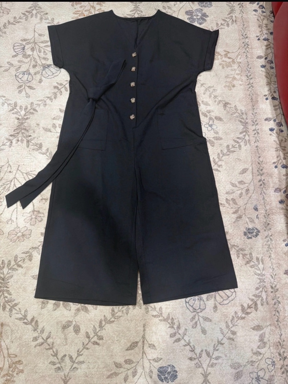 Black Short-Sleeve Button-Front Jumpsuit with Waist Tie